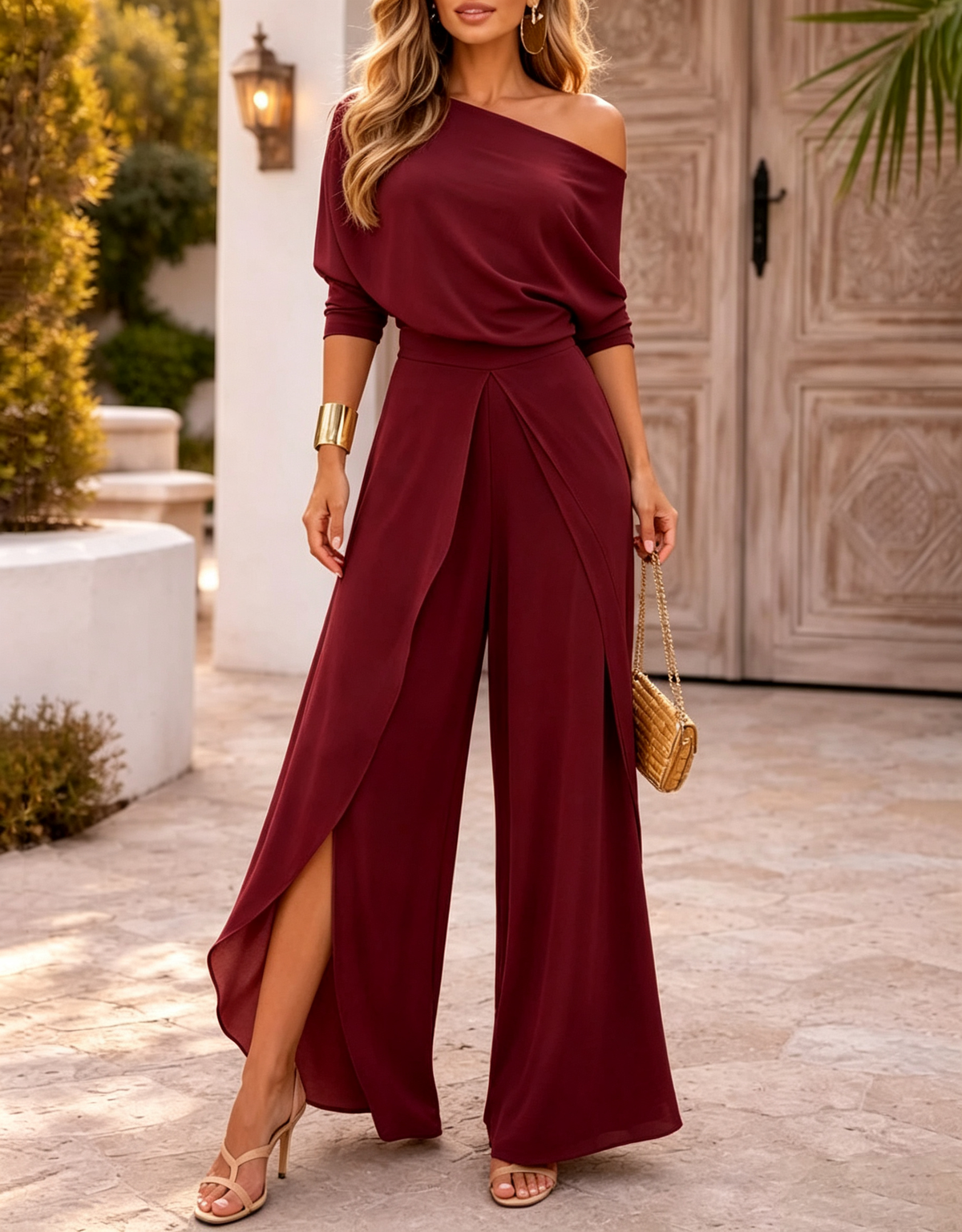 Asymmetrical Off-Shoulder Three-Quarter Sleeve Chiffon High Slit Wide Leg Formal Jumpsuit