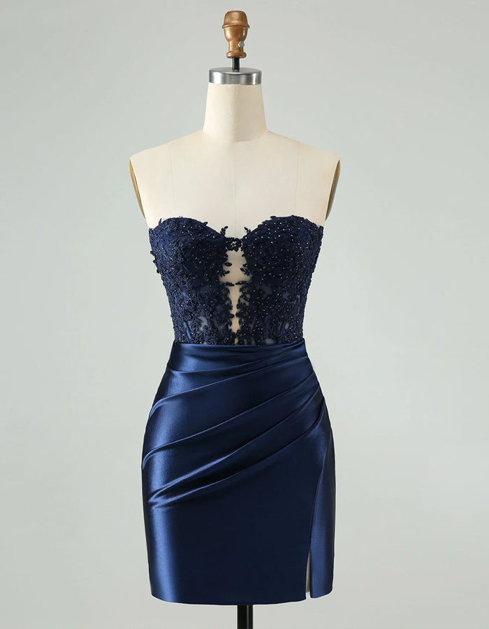 Dark Blue Lace Satin Mini Dress