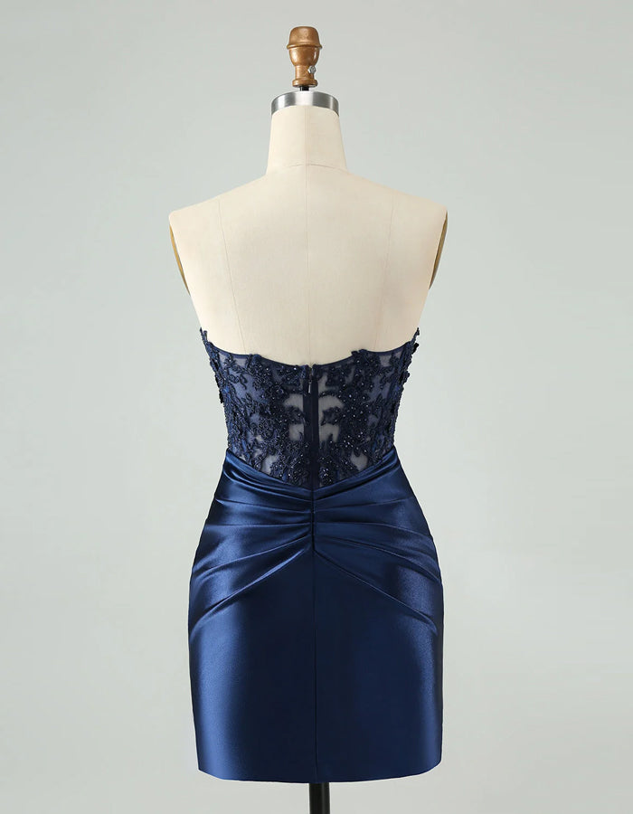 Dark Blue Lace Satin Mini Dress