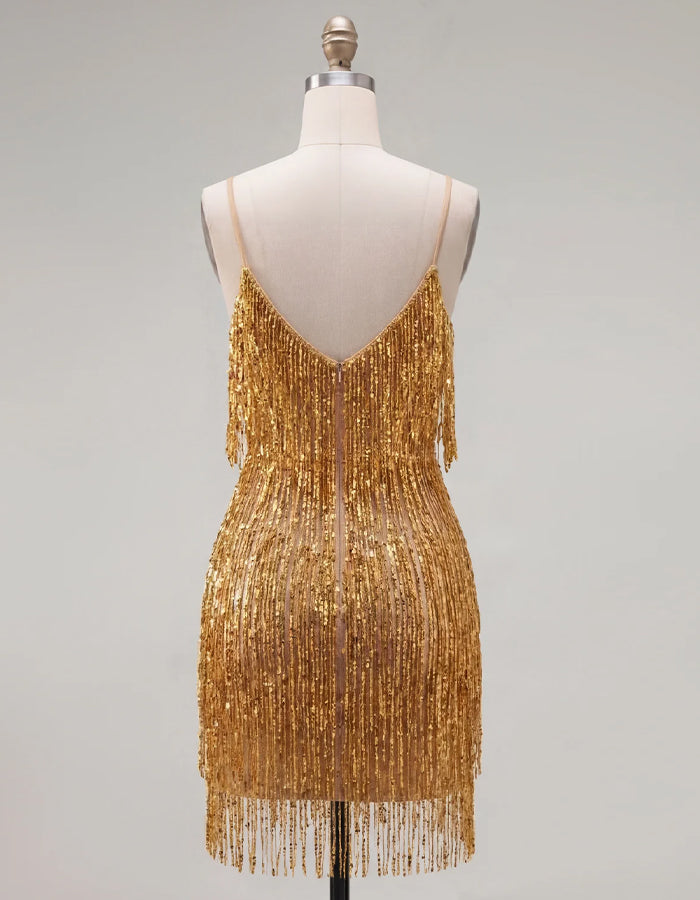 Gold Sequined Tassel Mini Dress