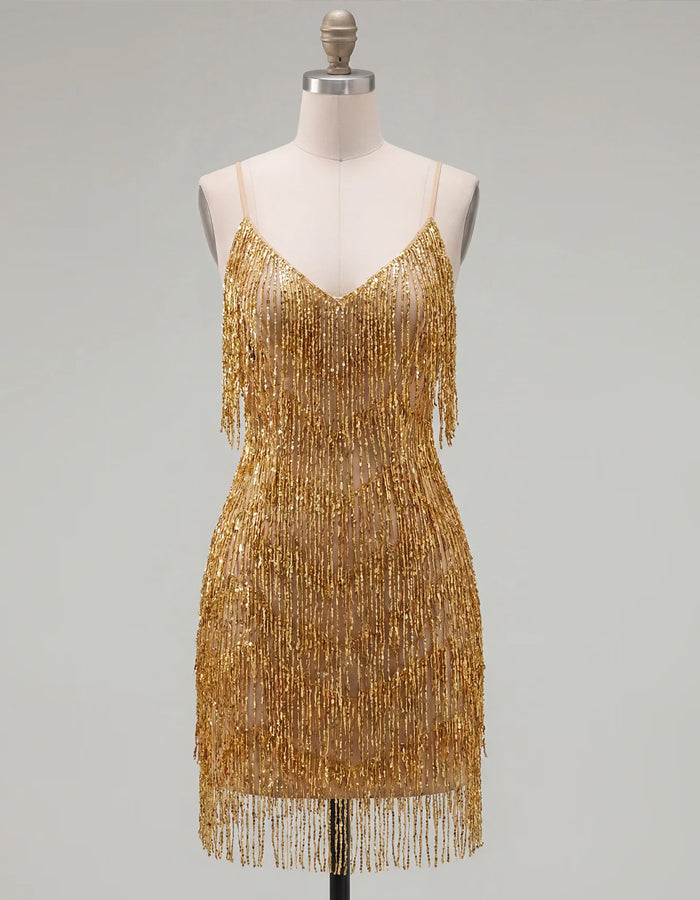Gold Sequined Tassel Mini Dress