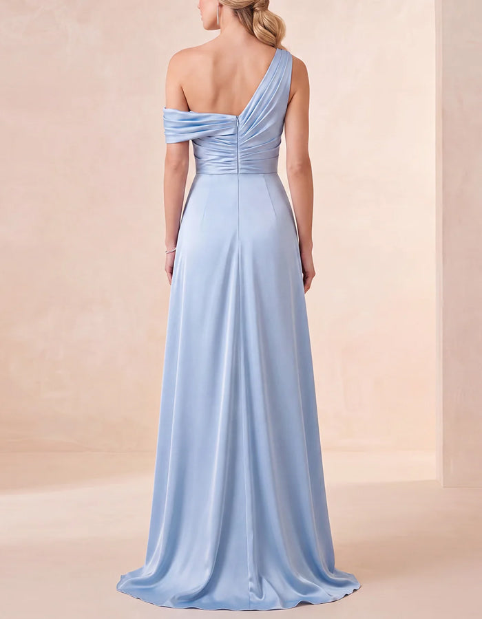 Sky Blue One Shoulder Draped Satin Maxi Dress