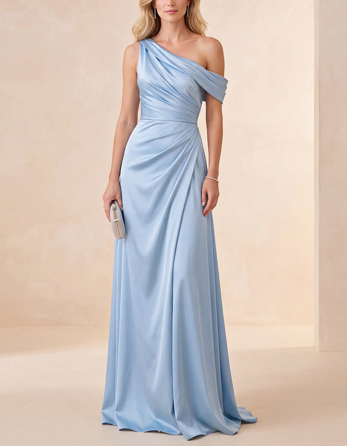 Sky Blue One Shoulder Draped Satin Maxi Dress