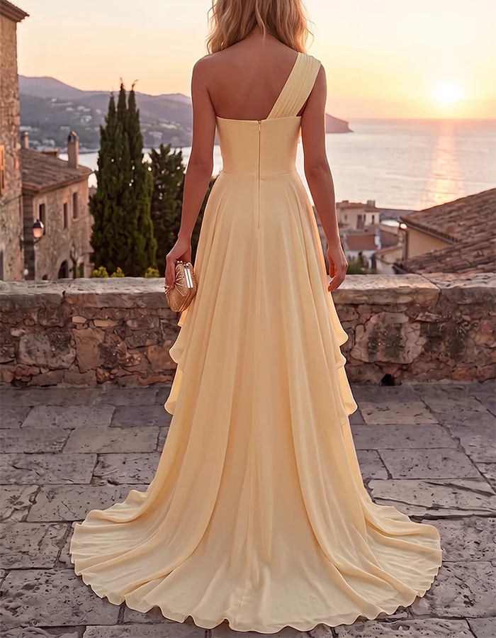Yellow Draped One-Shoulder 3D Floral Chiffon High-Low Maxi Dress