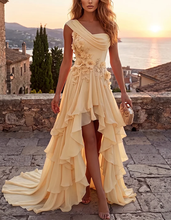 Yellow Draped One-Shoulder 3D Floral Chiffon High-Low Maxi Dress