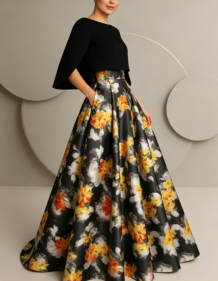 Shawl-sleeved Printed Satin  Maxi Dress