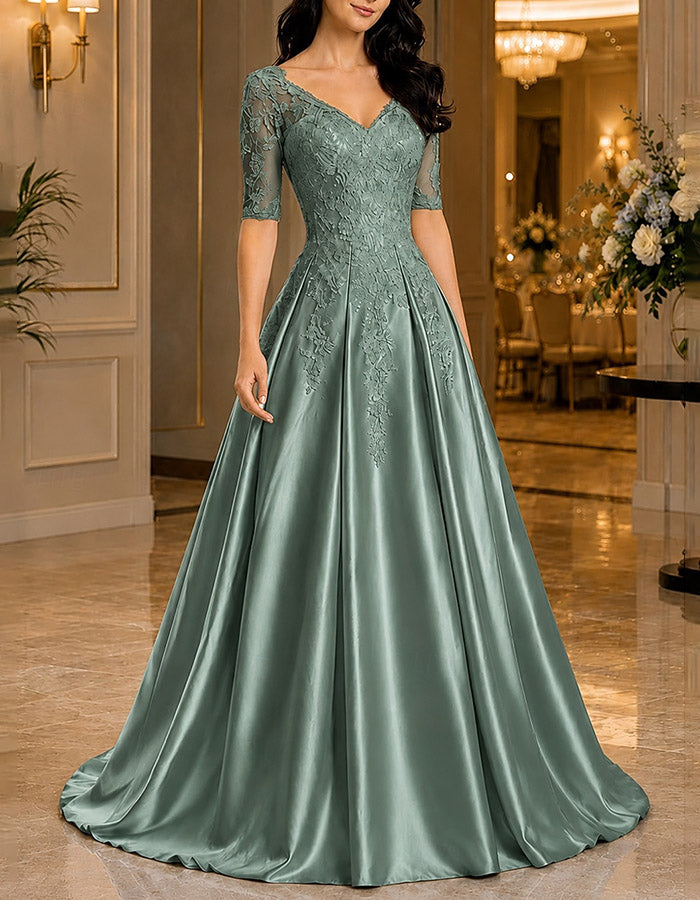 Light Blue V‑Neck Elbow‑Length Lace Satin A‑Line Maxi Dress