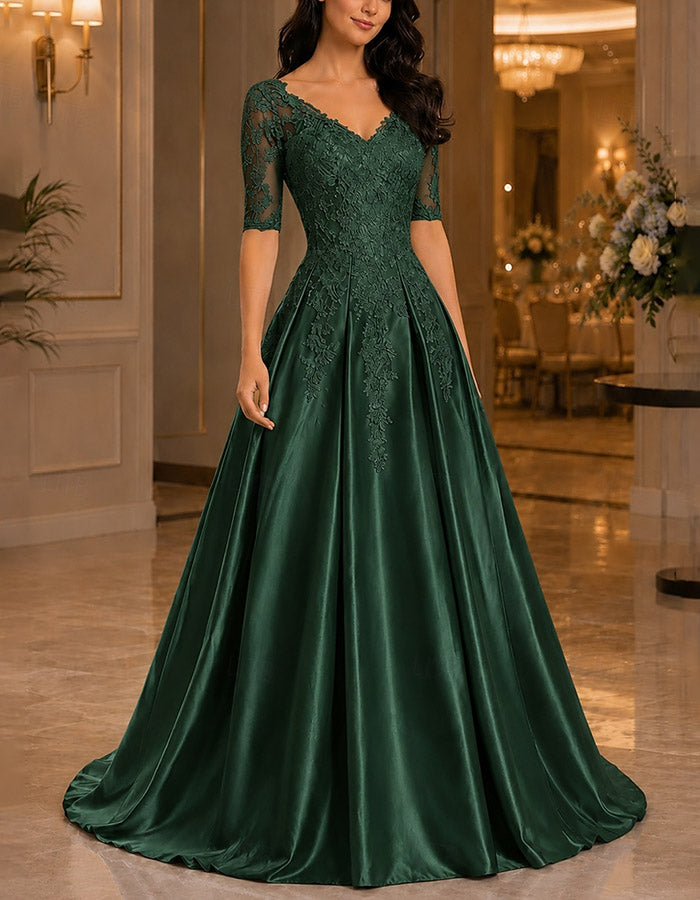 Light Blue V‑Neck Elbow‑Length Lace Satin A‑Line Maxi Dress