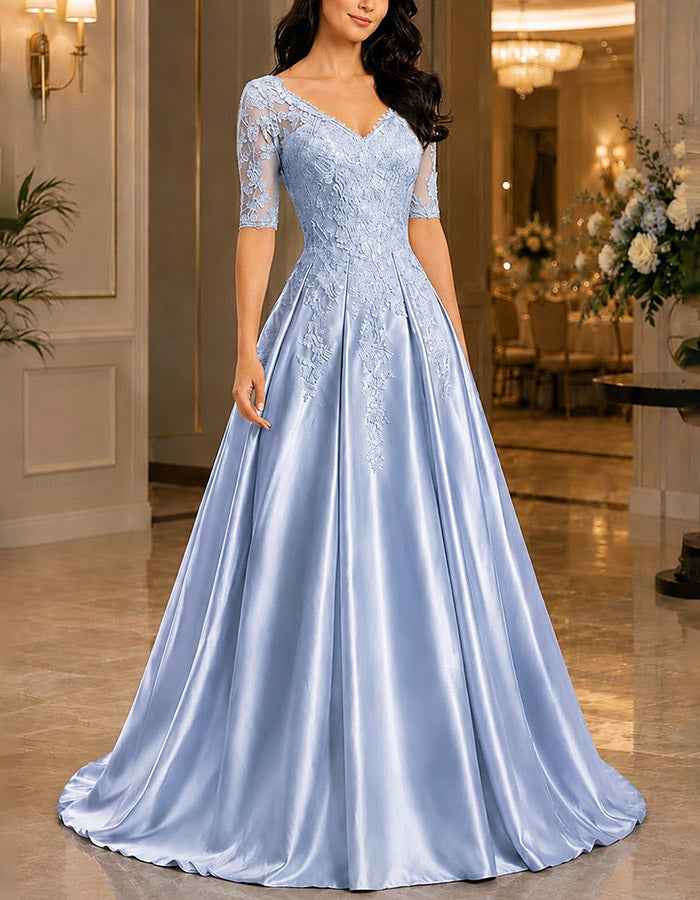 Light Blue V‑Neck Elbow‑Length Lace Satin A‑Line Maxi Dress