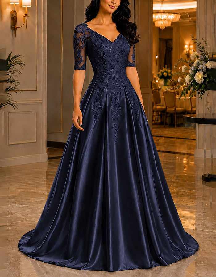 Light Blue V‑Neck Elbow‑Length Lace Satin A‑Line Maxi Dress