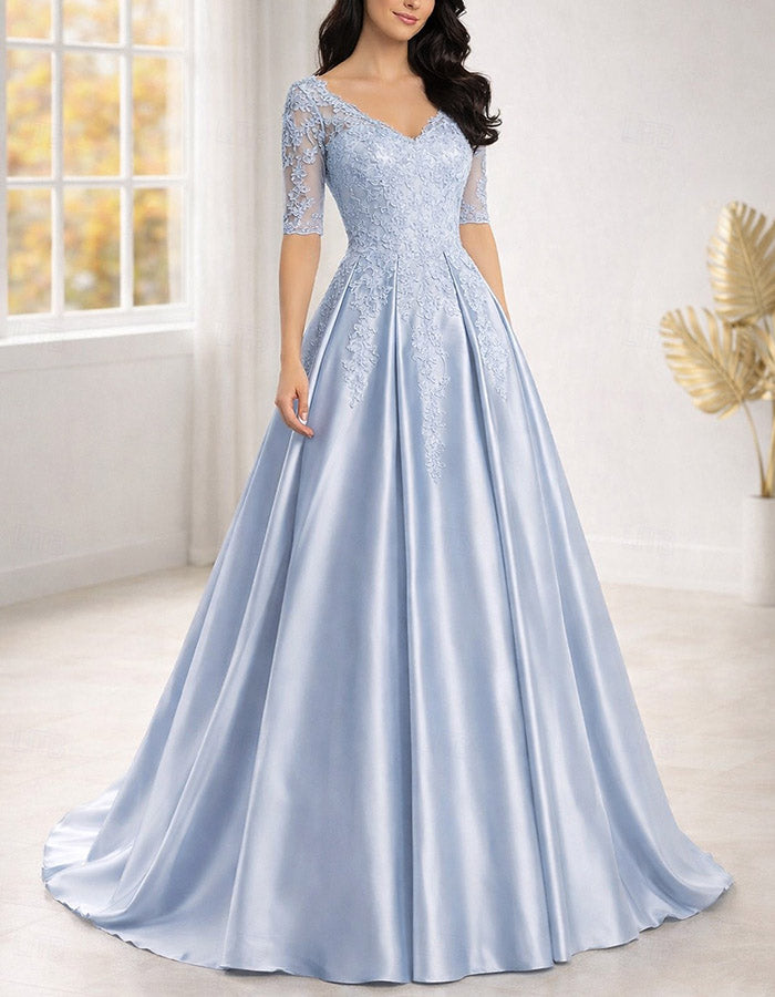 Light Blue V‑Neck Elbow‑Length Lace Satin A‑Line Maxi Dress