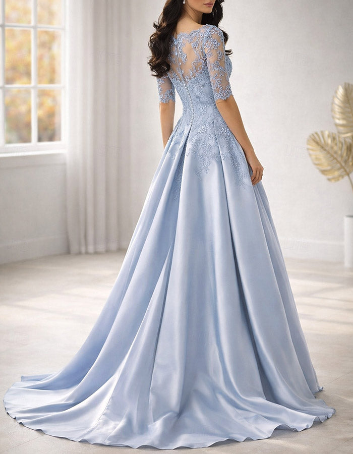 Light Blue V‑Neck Elbow‑Length Lace Satin A‑Line Maxi Dress