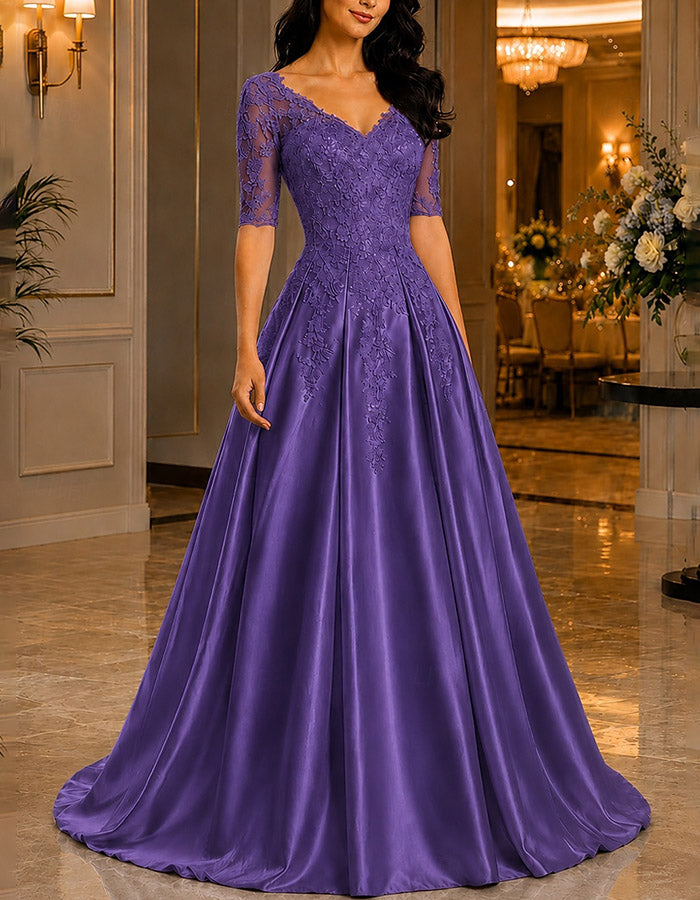 Light Blue V‑Neck Elbow‑Length Lace Satin A‑Line Maxi Dress