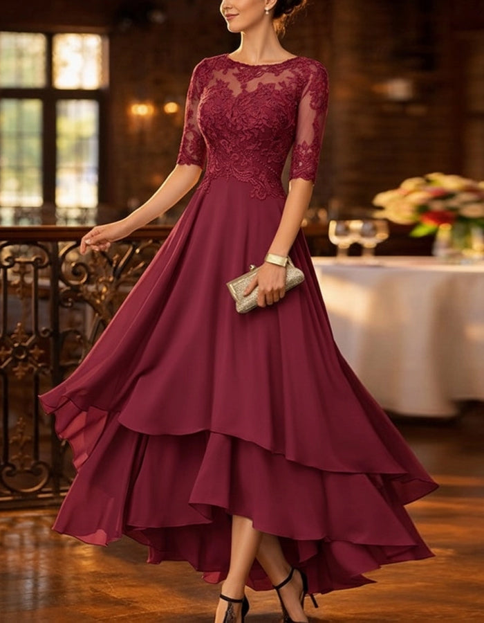 Solid Color Lace Chiffon High And Low Hem Midi Dress