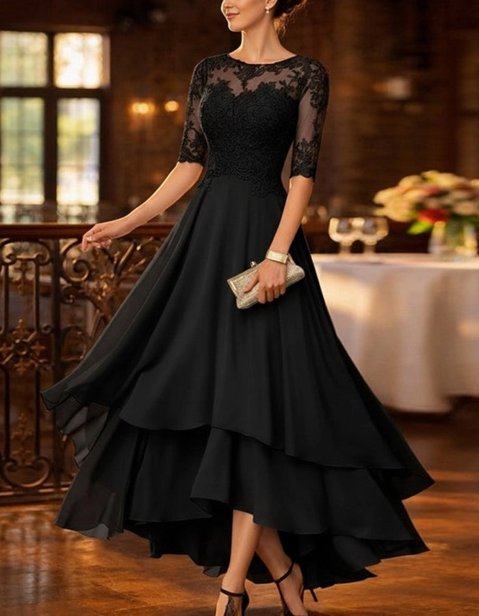 Solid Color Lace Chiffon High And Low Hem Midi Dress