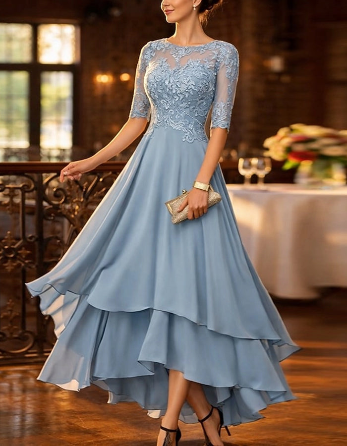 Solid Color Lace Chiffon High And Low Hem Midi Dress