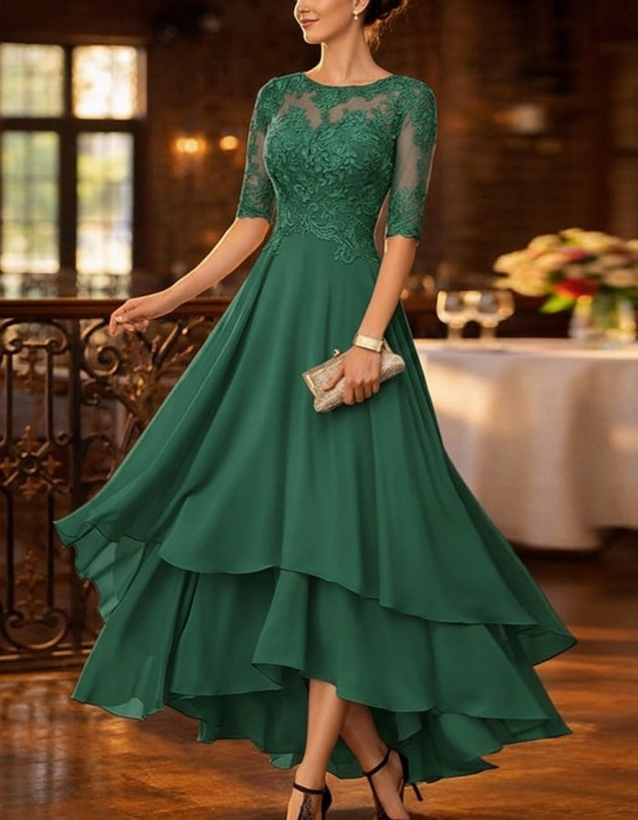 Solid Color Lace Chiffon High And Low Hem Midi Dress