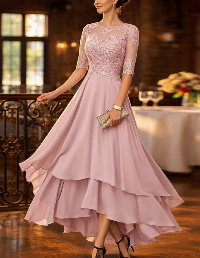 Solid Color Lace Chiffon High And Low Hem Midi Dress