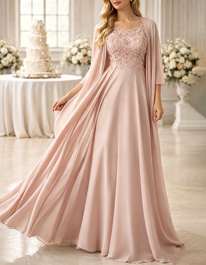 Sage Green Scoop Neck Sleeveless Lace Chiffon A‑Line Maxi Dress with Matching Chiffon Shawl