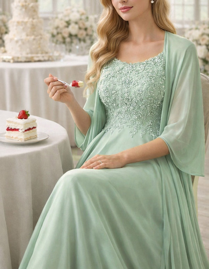 Sage Green Scoop Neck Sleeveless Lace Chiffon A‑Line Maxi Dress with Matching Chiffon Shawl