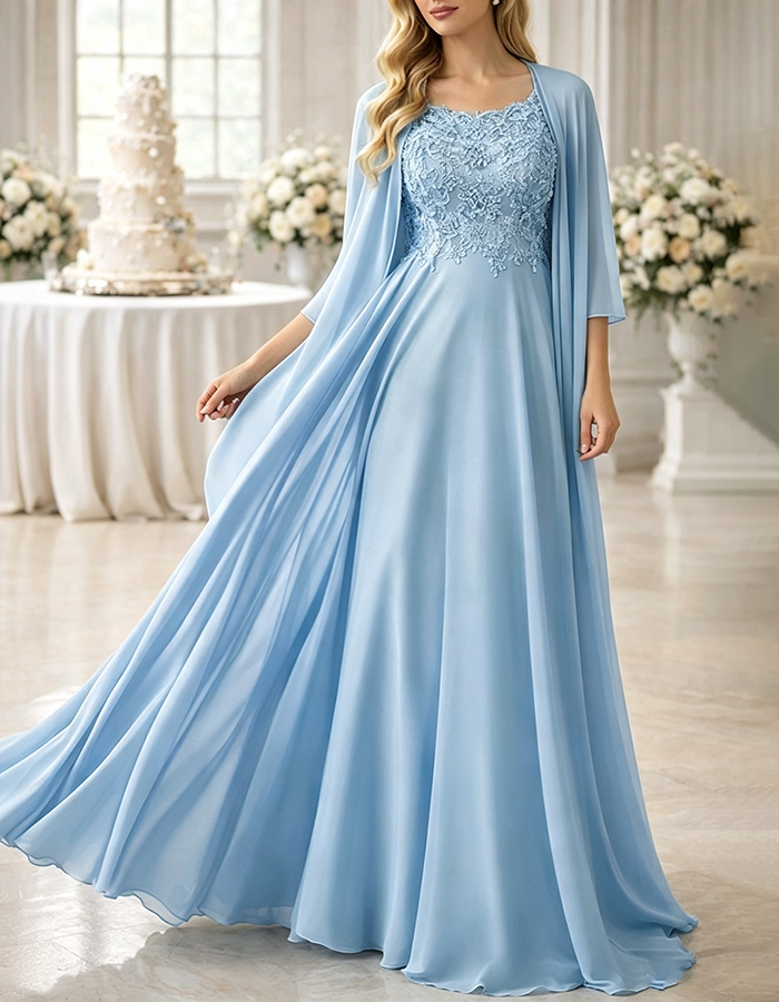 Sage Green Scoop Neck Sleeveless Lace Chiffon A‑Line Maxi Dress with Matching Chiffon Shawl