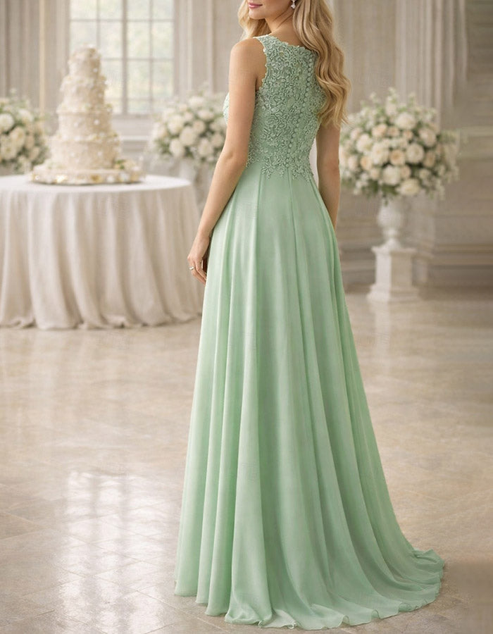Sage Green Scoop Neck Sleeveless Lace Chiffon A‑Line Maxi Dress with Matching Chiffon Shawl