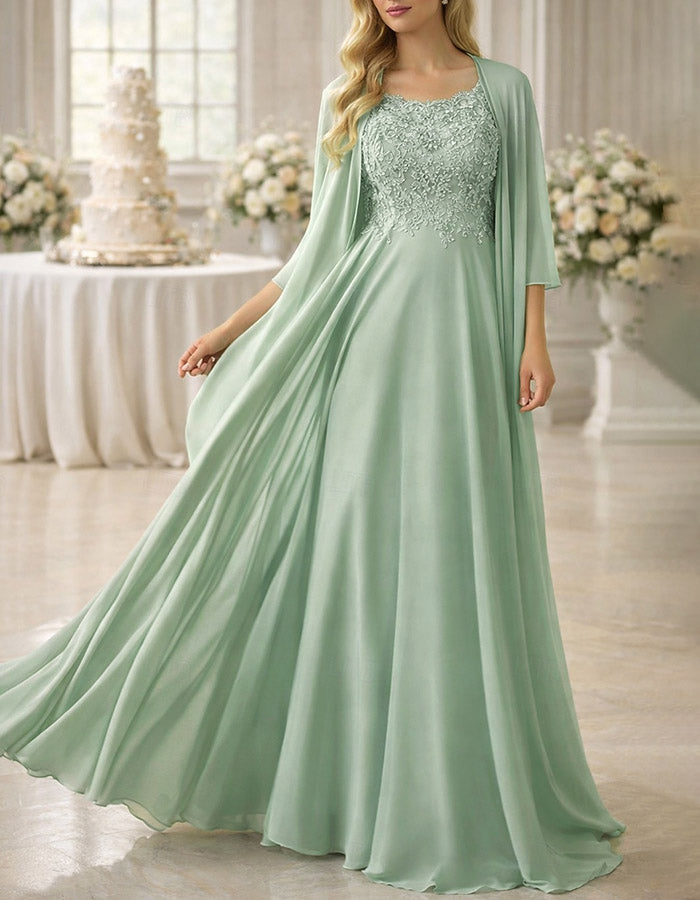 Sage Green Scoop Neck Sleeveless Lace Chiffon A‑Line Maxi Dress with Matching Chiffon Shawl