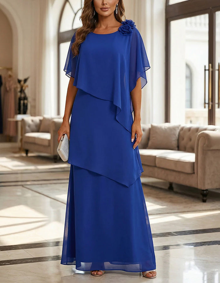 Solid Color Chiffon Layered Round Neck Maxi Dress