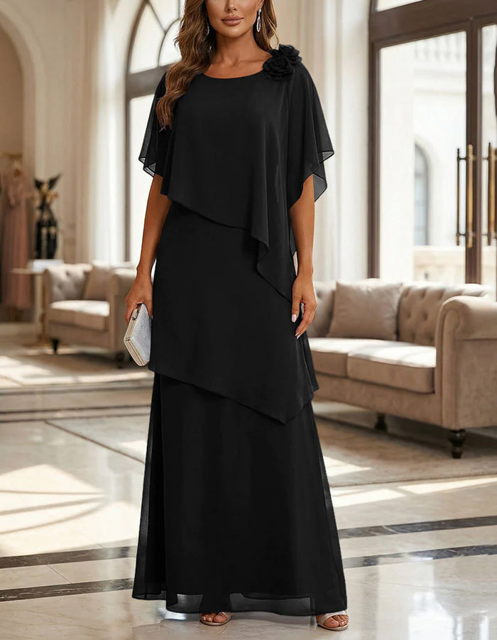 Solid Color Chiffon Layered Round Neck Maxi Dress