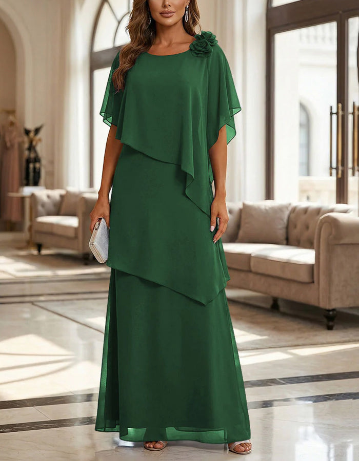 Solid Color Chiffon Layered Round Neck Maxi Dress