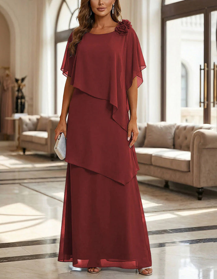 Solid Color Chiffon Layered Round Neck Maxi Dress