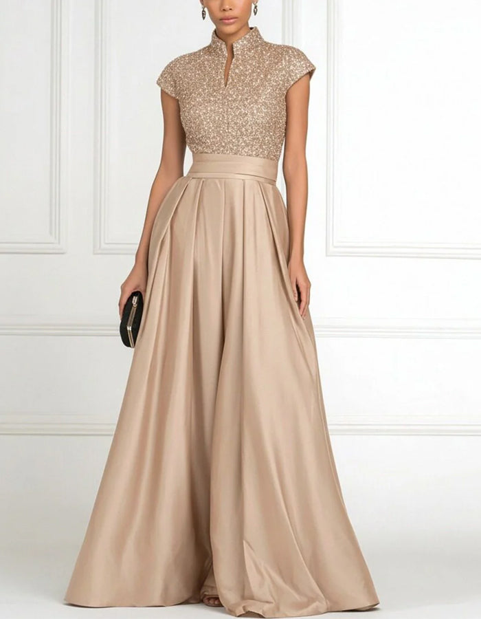 Solid Color Sequined Satin Stand Collar Maxi Dress