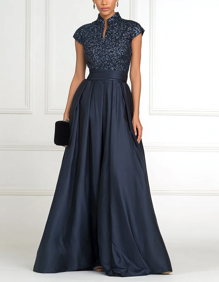 Solid Color Sequined Satin Stand Collar Maxi Dress