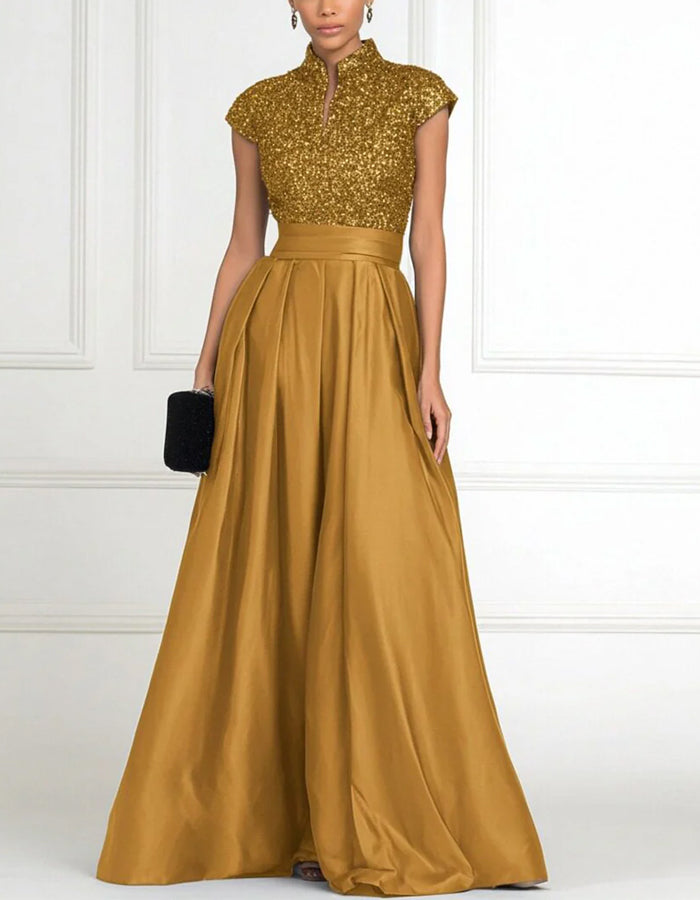 Solid Color Sequined Satin Stand Collar Maxi Dress