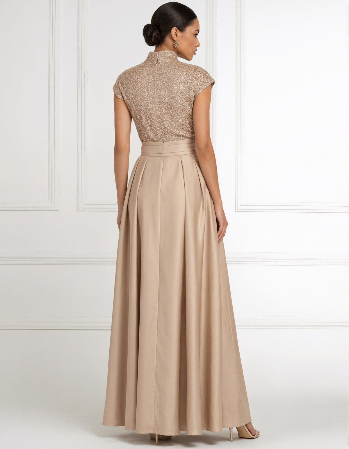 Solid Color Sequined Satin Stand Collar Maxi Dress