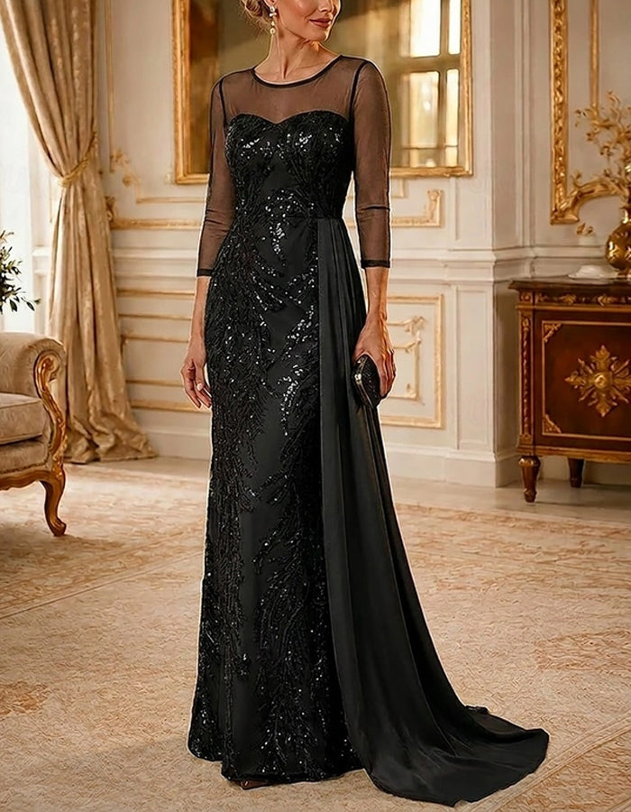 Black Sequined Mesh Satin Maxi Dress