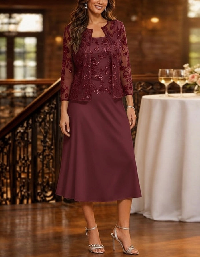 Solid Color Sequined Lace Sequined Dress With Cardigan 2-Piece Suit