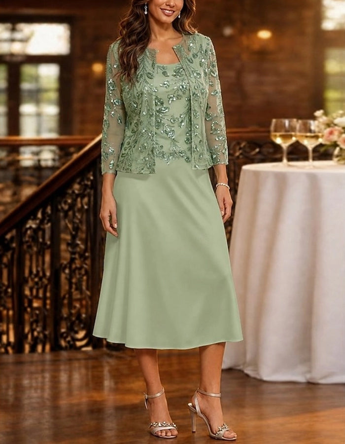 Solid Color Sequined Lace Sequined Dress With Cardigan 2-Piece Suit