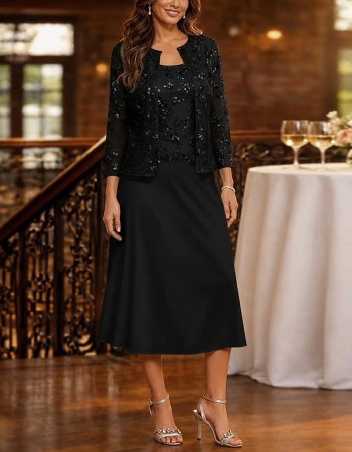 Solid Color Sequined Lace Sequined Dress With Cardigan 2-Piece Suit
