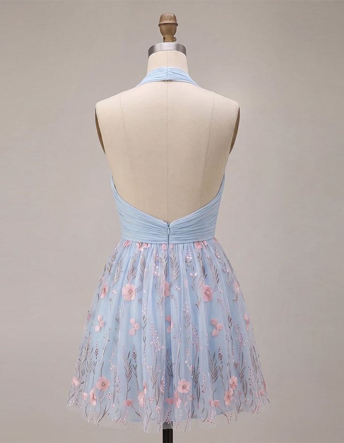 Light Blue Halter Neck Chiffon Floral Mini Dress