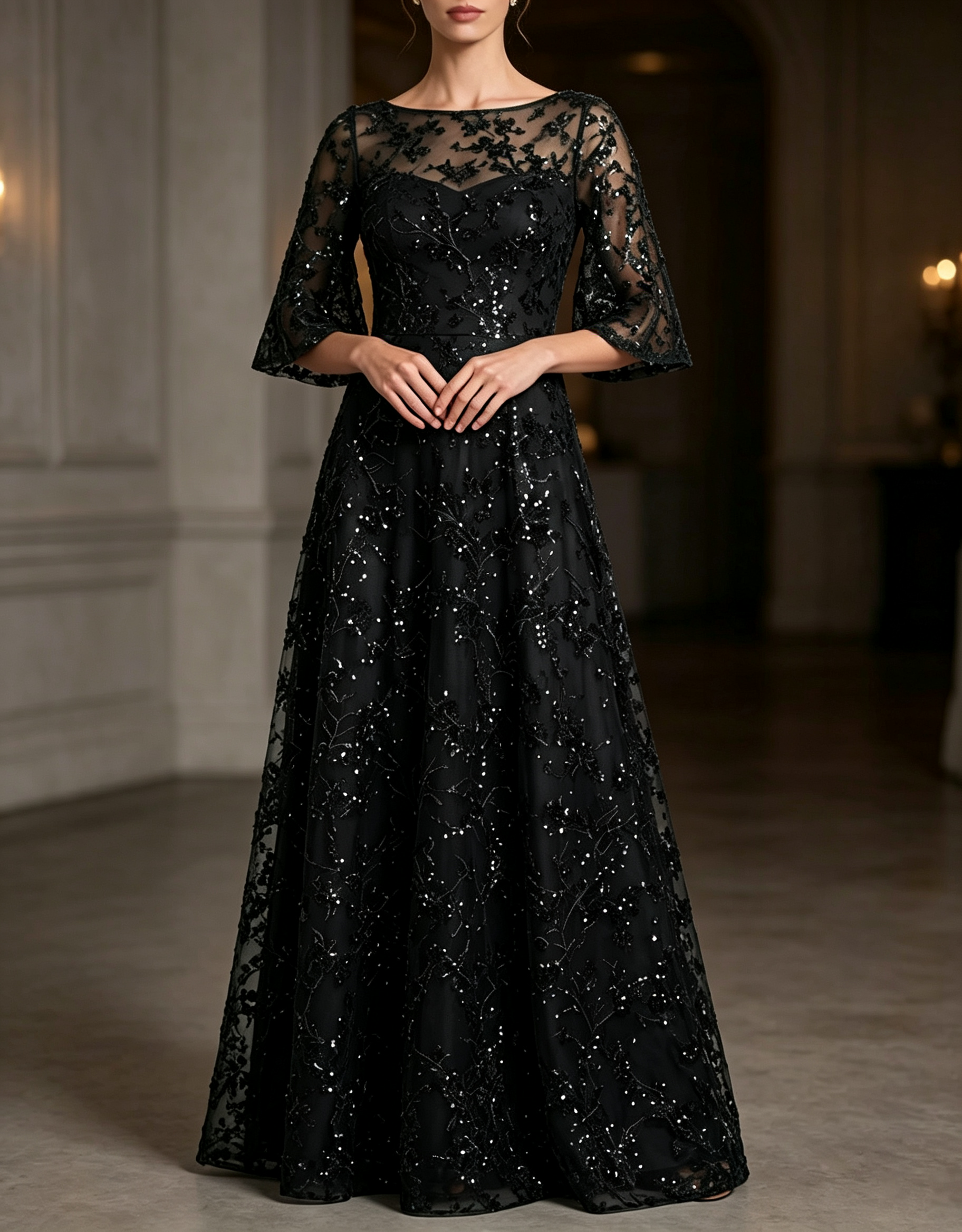 Round Neck Sequin Lace Elbow Flare Sleeve A‑Line Maxi Evening Dress