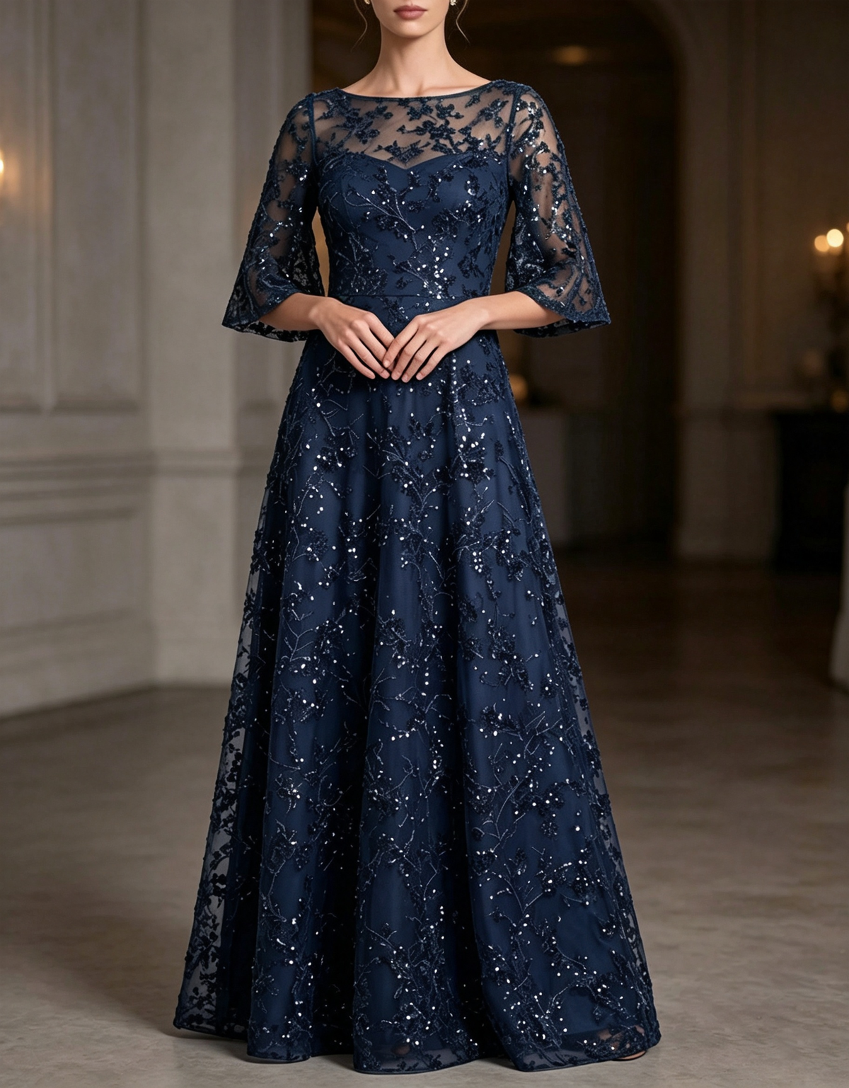 Round Neck Sequin Lace Elbow Flare Sleeve A‑Line Maxi Evening Dress
