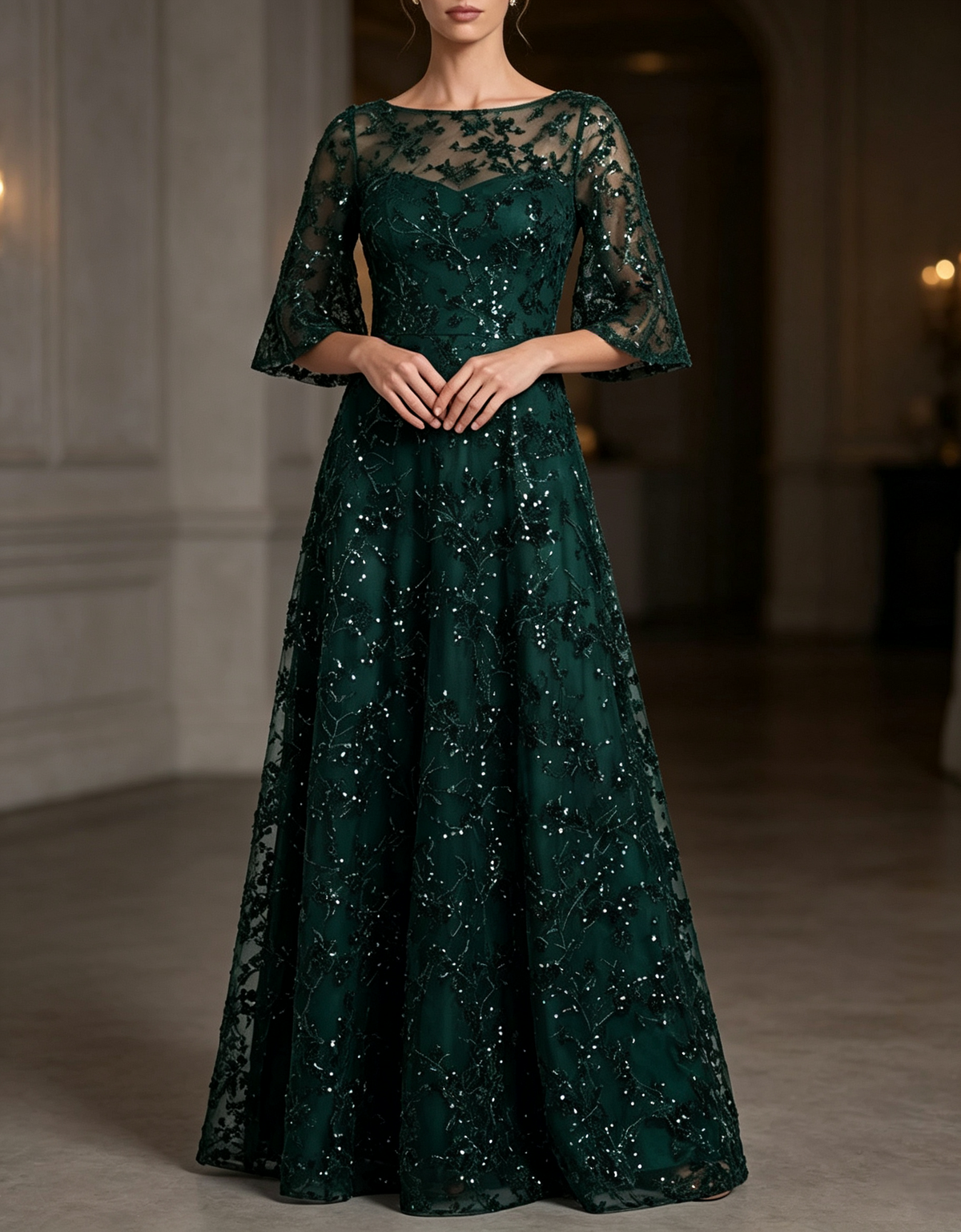 Round Neck Sequin Lace Elbow Flare Sleeve A‑Line Maxi Evening Dress