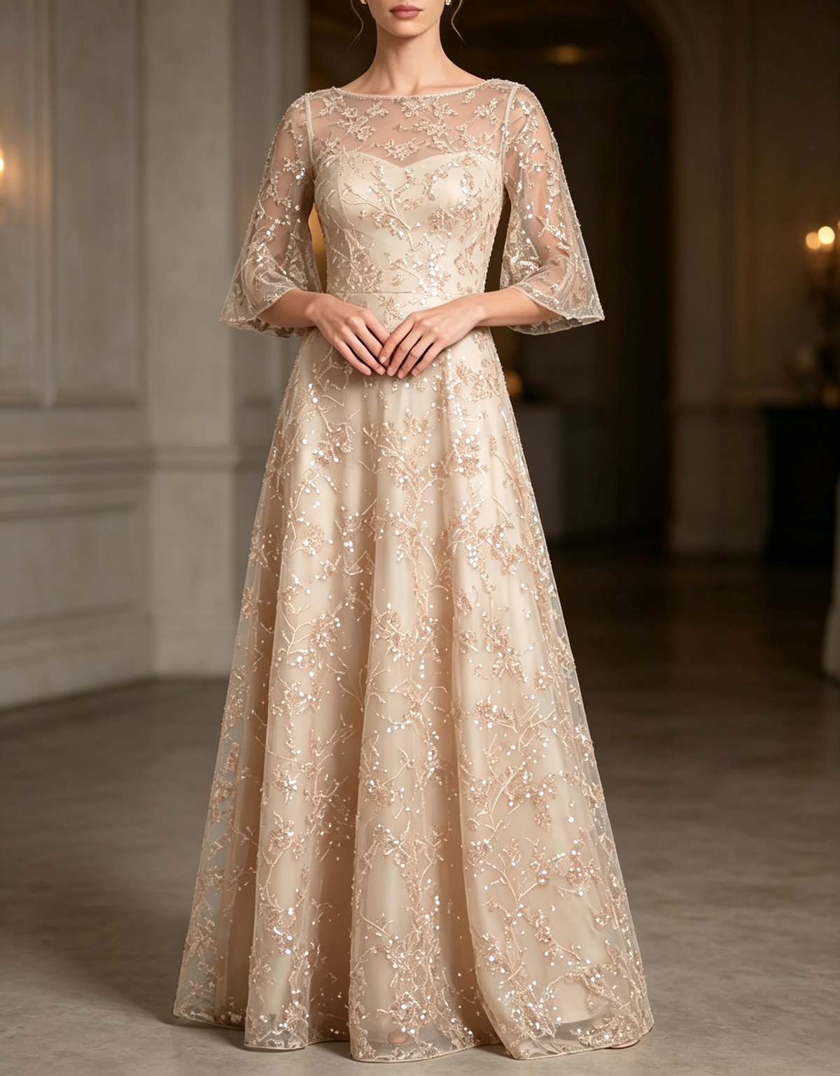 Round Neck Sequin Lace Elbow Flare Sleeve A‑Line Maxi Evening Dress