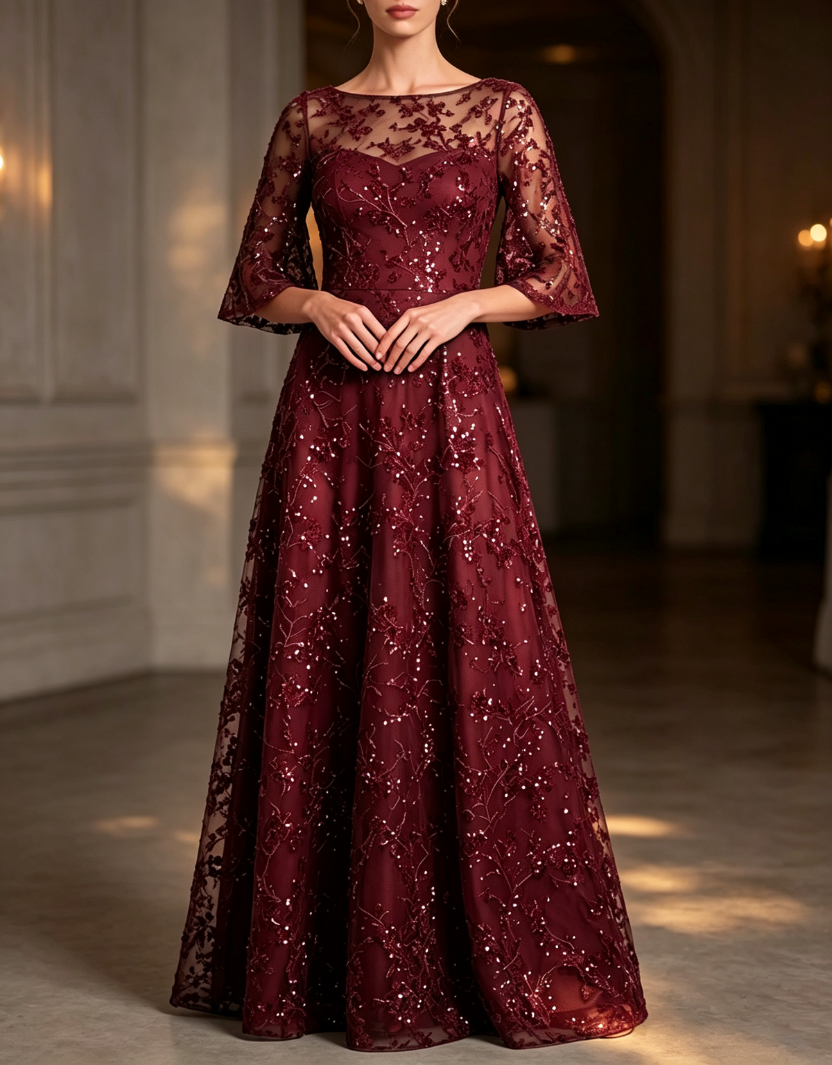 Round Neck Sequin Lace Elbow Flare Sleeve A‑Line Maxi Evening Dress