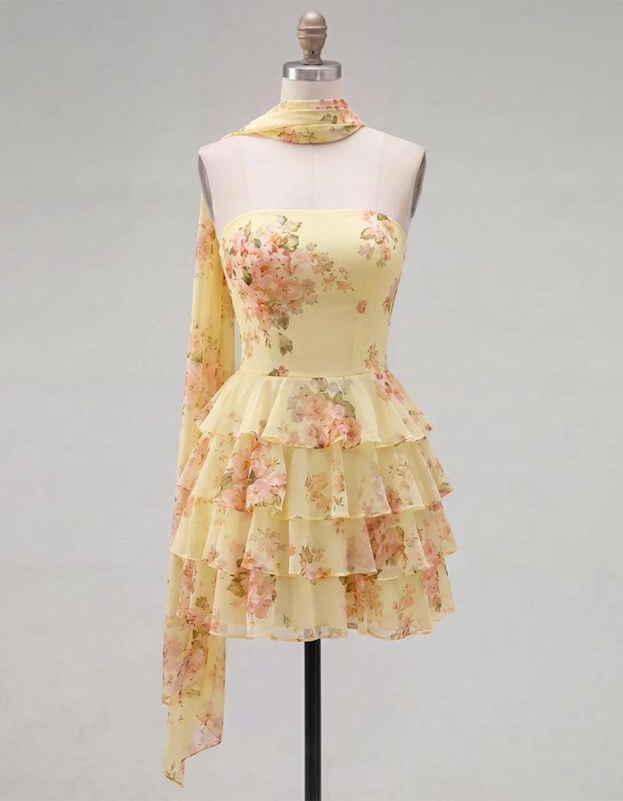 Light Yellow Floral Strapless Layered Mini Dress
