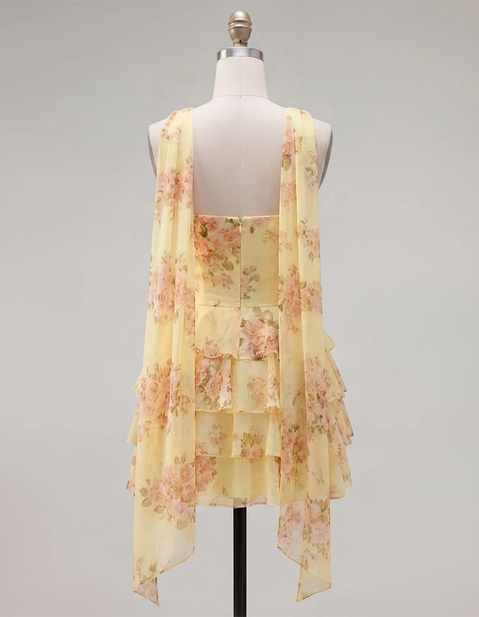 Light Yellow Floral Strapless Layered Mini Dress