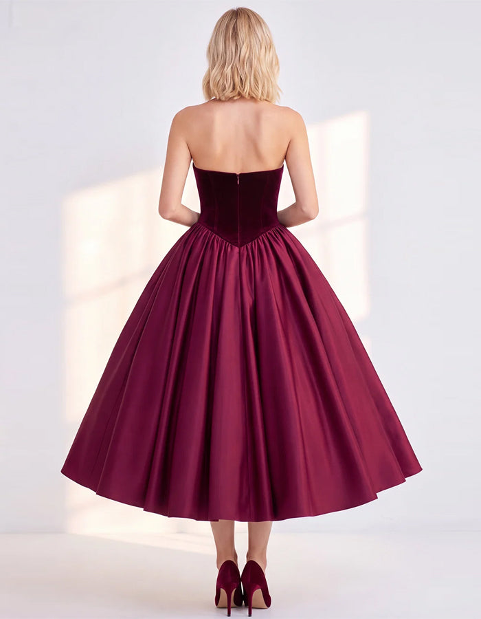 Solid Color Strapless Velvet With Satin Midi Dress
