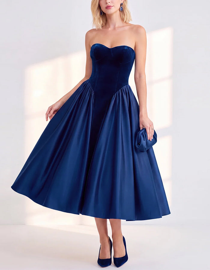 Solid Color Strapless Velvet With Satin Midi Dress
