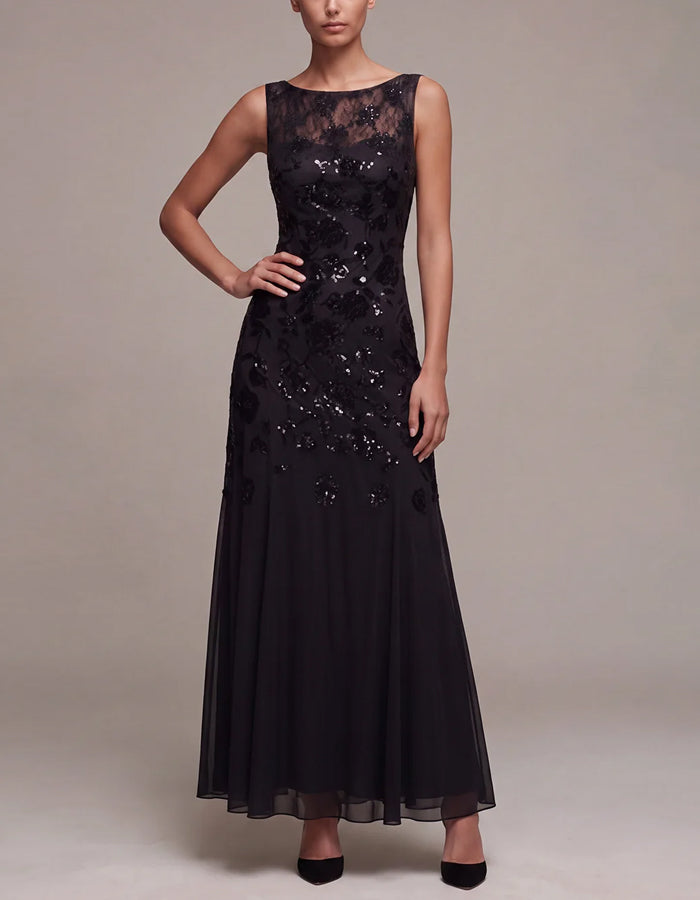 Black Sleeveless Sequined Lace Maxi Dress